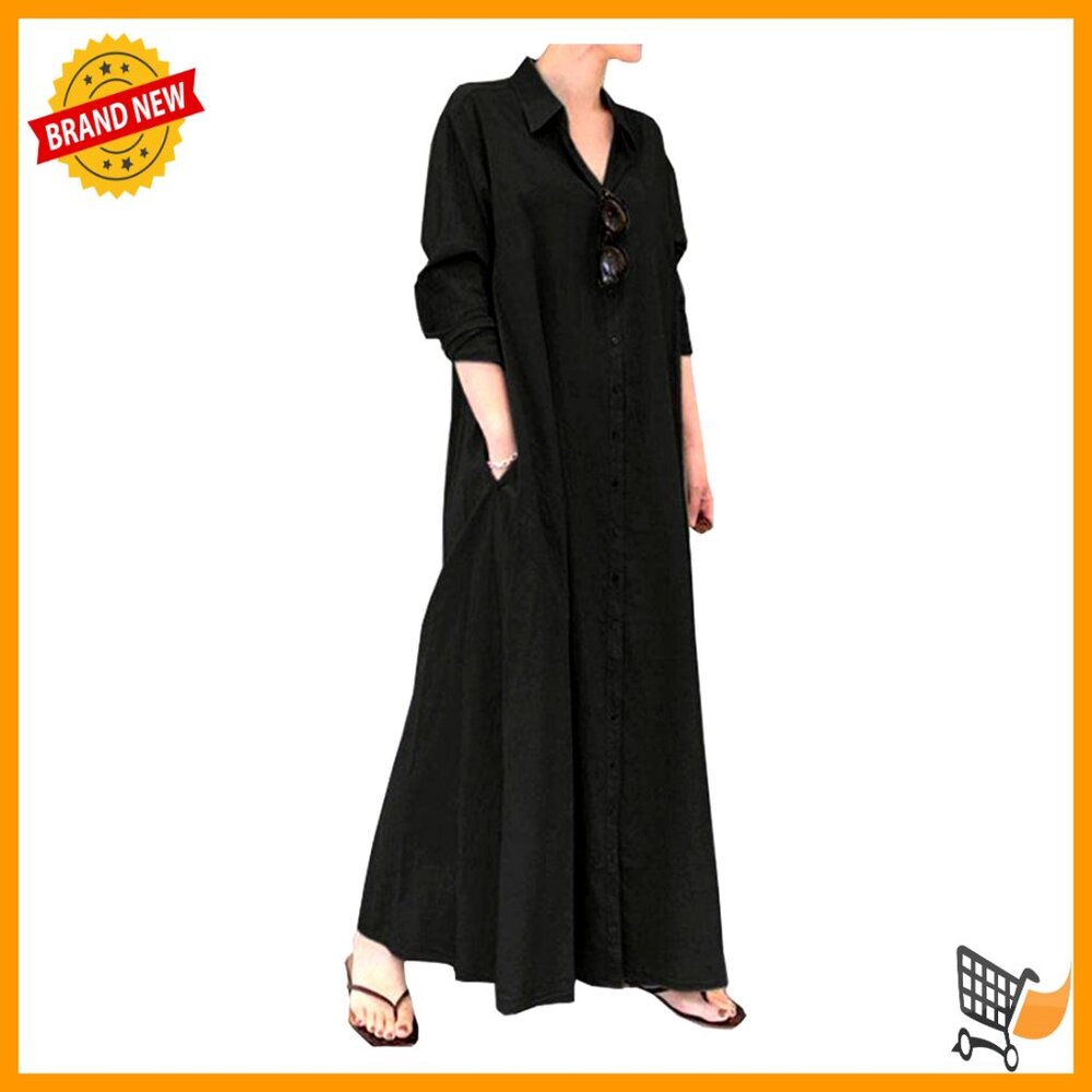 Cotton Linen Maxi Shirtdress Long Sleeve Button Down Casual Beach Dress Pockets
